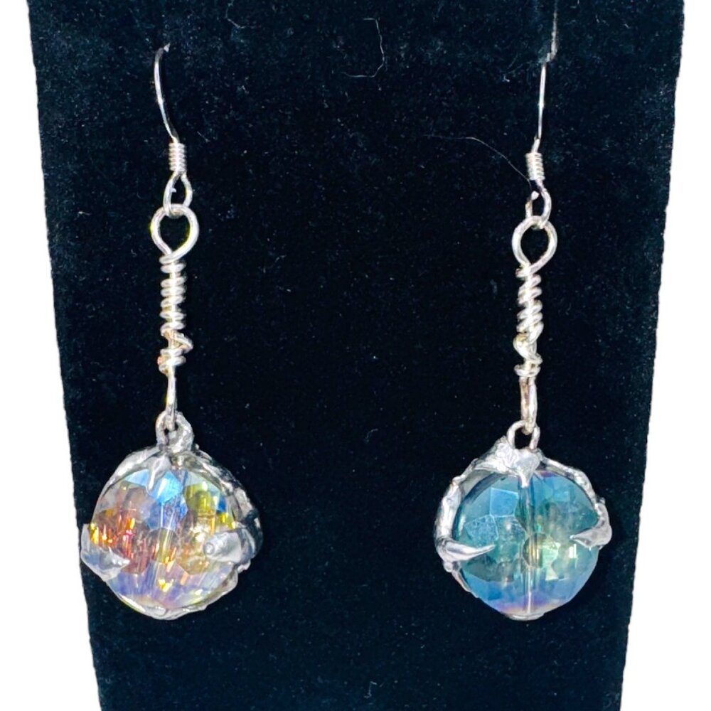 Artisan Aurora Borealis Crystal Dangle Earrings 925 Hooks & Silver/Tin Metalwork - Picture 3 of 17